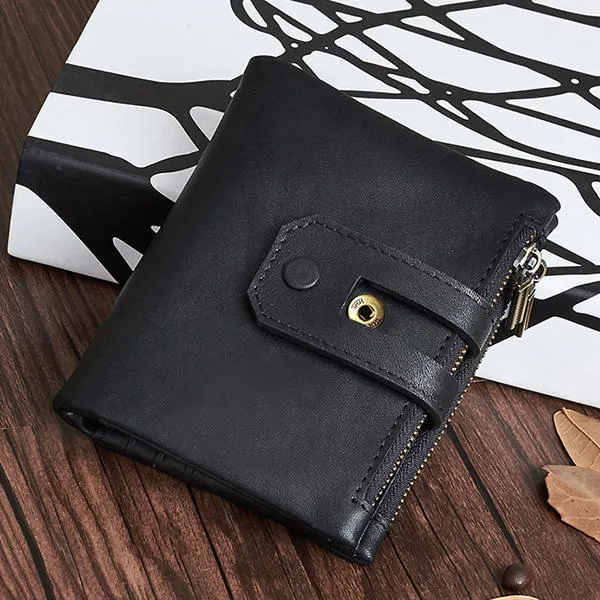 Men Genuine Leather Vintage Multi-slots Card Holder Zipper Anti-theft Small Short Wallet Purse