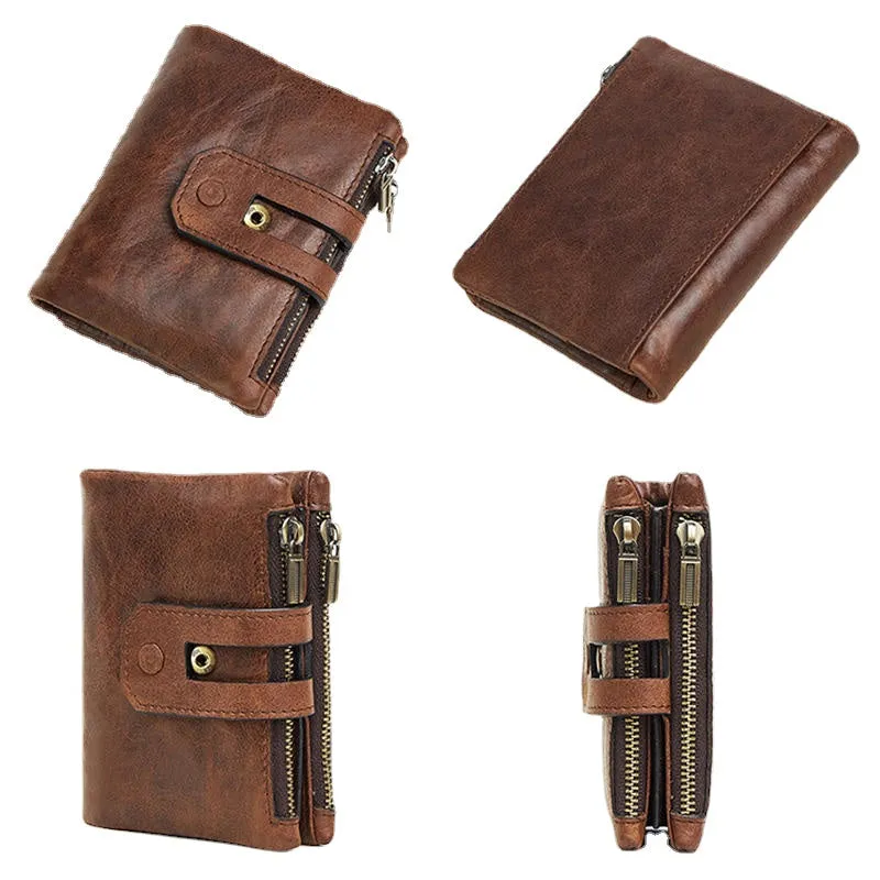 Men Genuine Leather Vintage Multi-slots Card Holder Zipper Anti-theft Small Short Wallet Purse