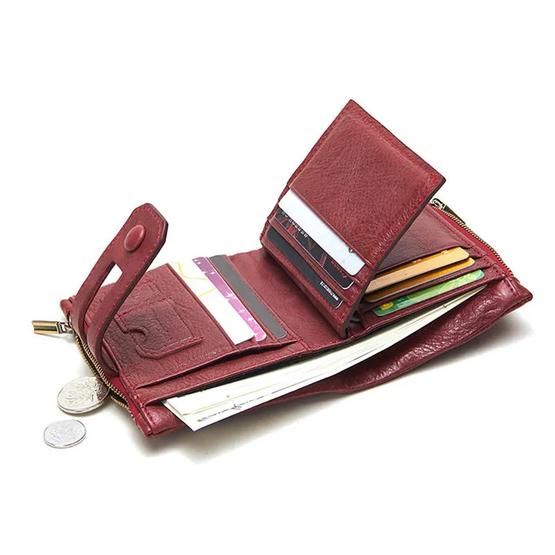 Men Genuine Leather Vintage Multi-slots Card Holder Zipper Anti-theft Small Short Wallet Purse