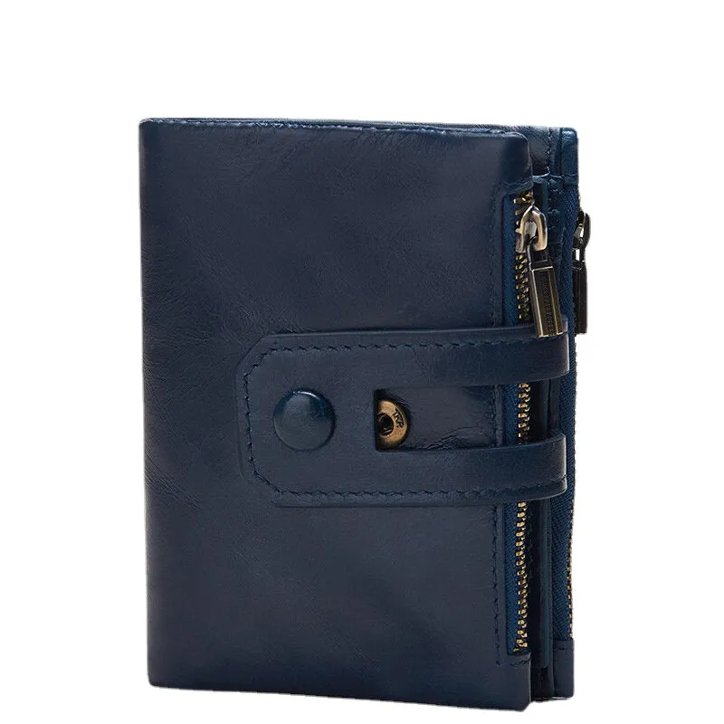 Men Genuine Leather Vintage Multi-slots Card Holder Zipper Anti-theft Small Short Wallet Purse