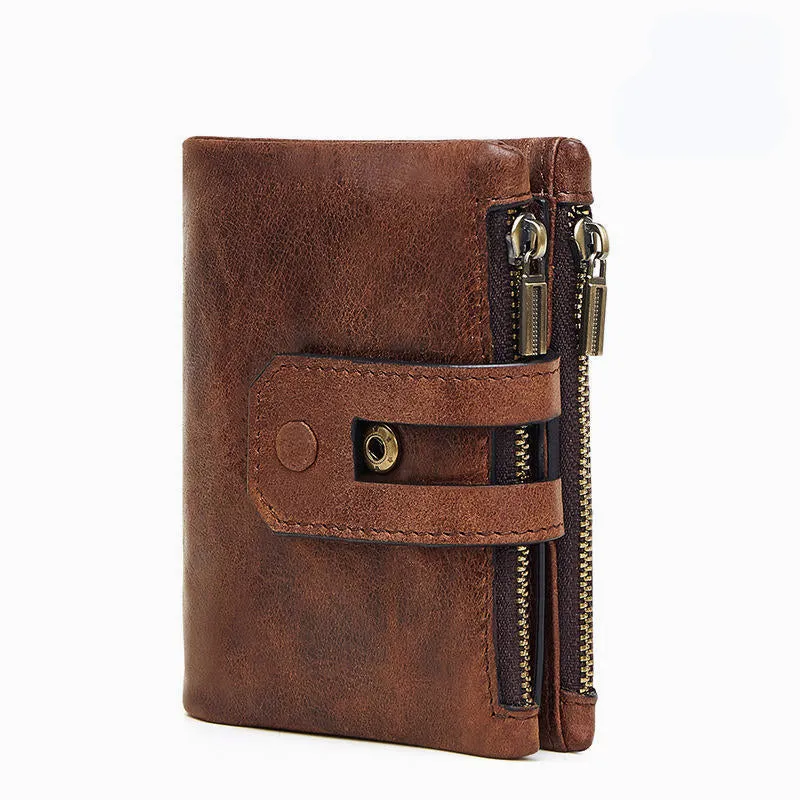 Men Genuine Leather Vintage Multi-slots Card Holder Zipper Anti-theft Small Short Wallet Purse