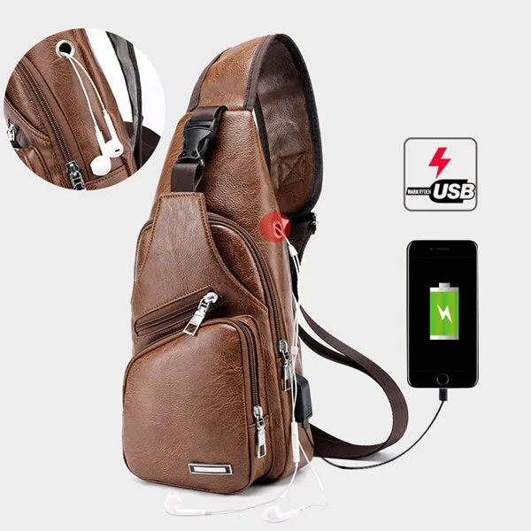 Men Outdoor Shoulder Resistant Anti Theft Chest Bag Travel Daypack with USB Charging Port