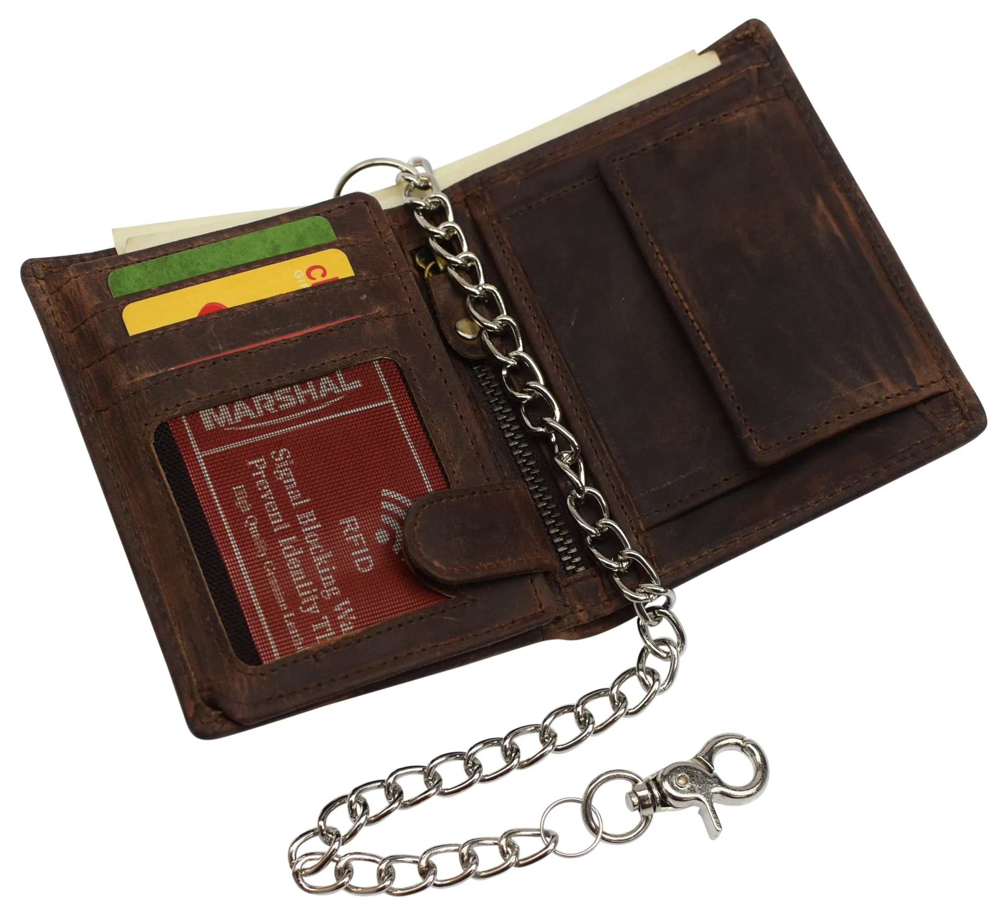 Men's Chain Biker Vintage Leather RFID Blocking European Style Bifold Trifold Wallet with ID Window