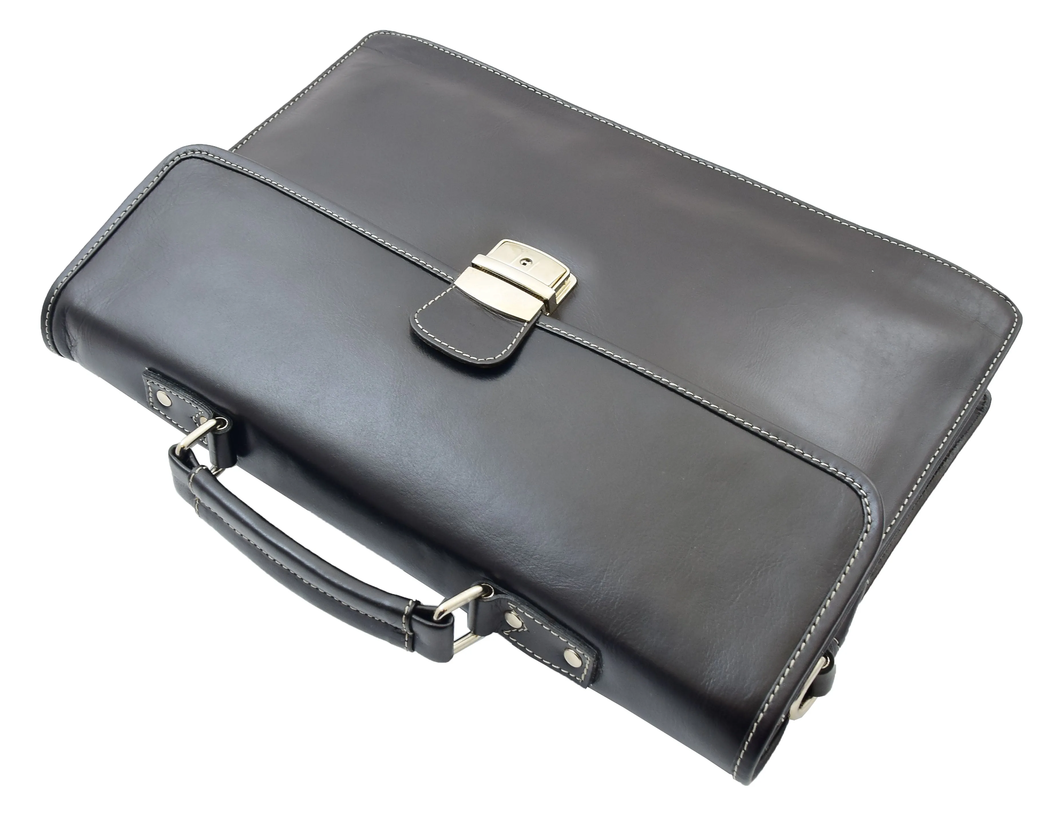 Mens Leather Briefcase Slimline Shoulder Office Bag Lima Black