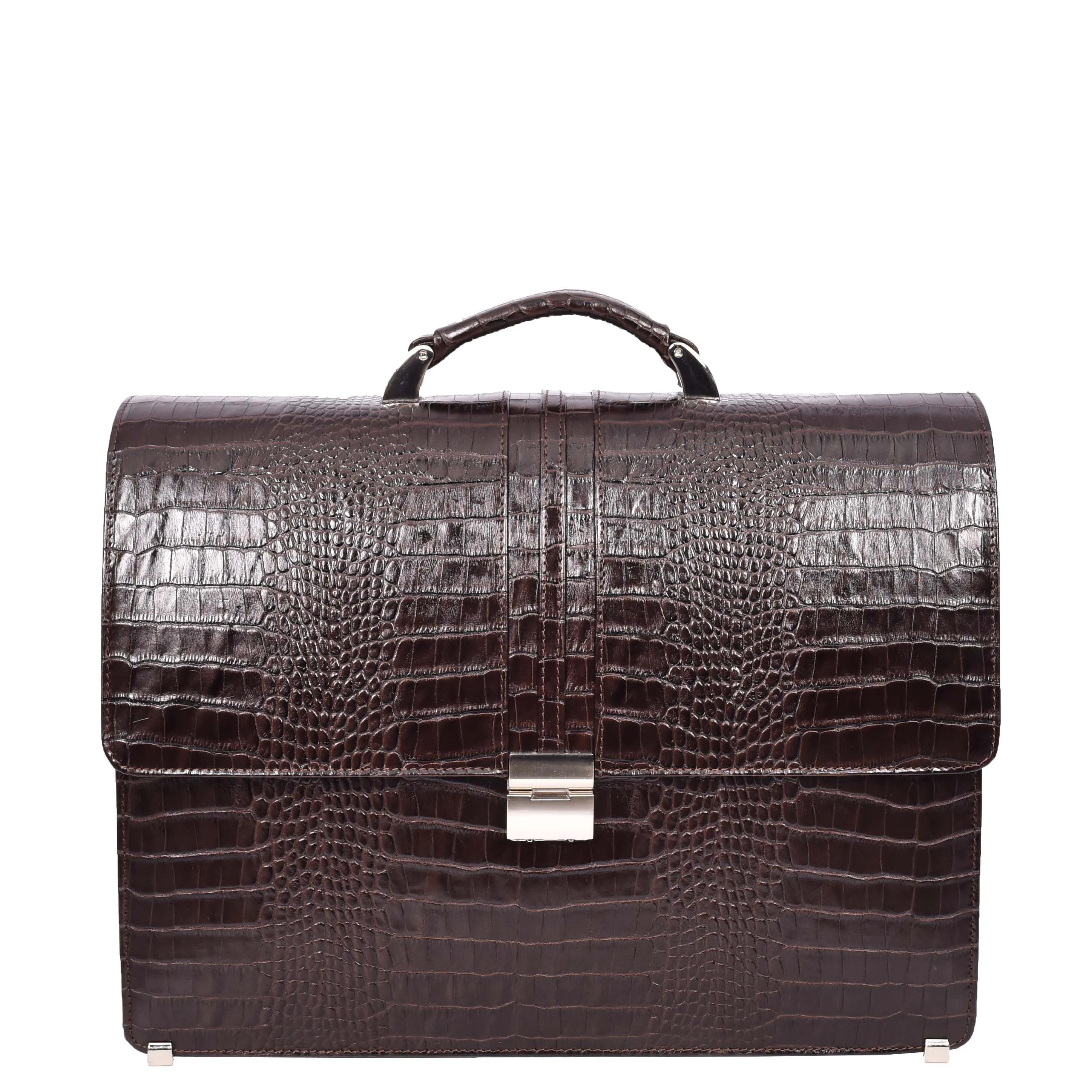 Mens Real Leather Croc-Print Briefcase Classic Bag Organiser Messenger Carter Brown