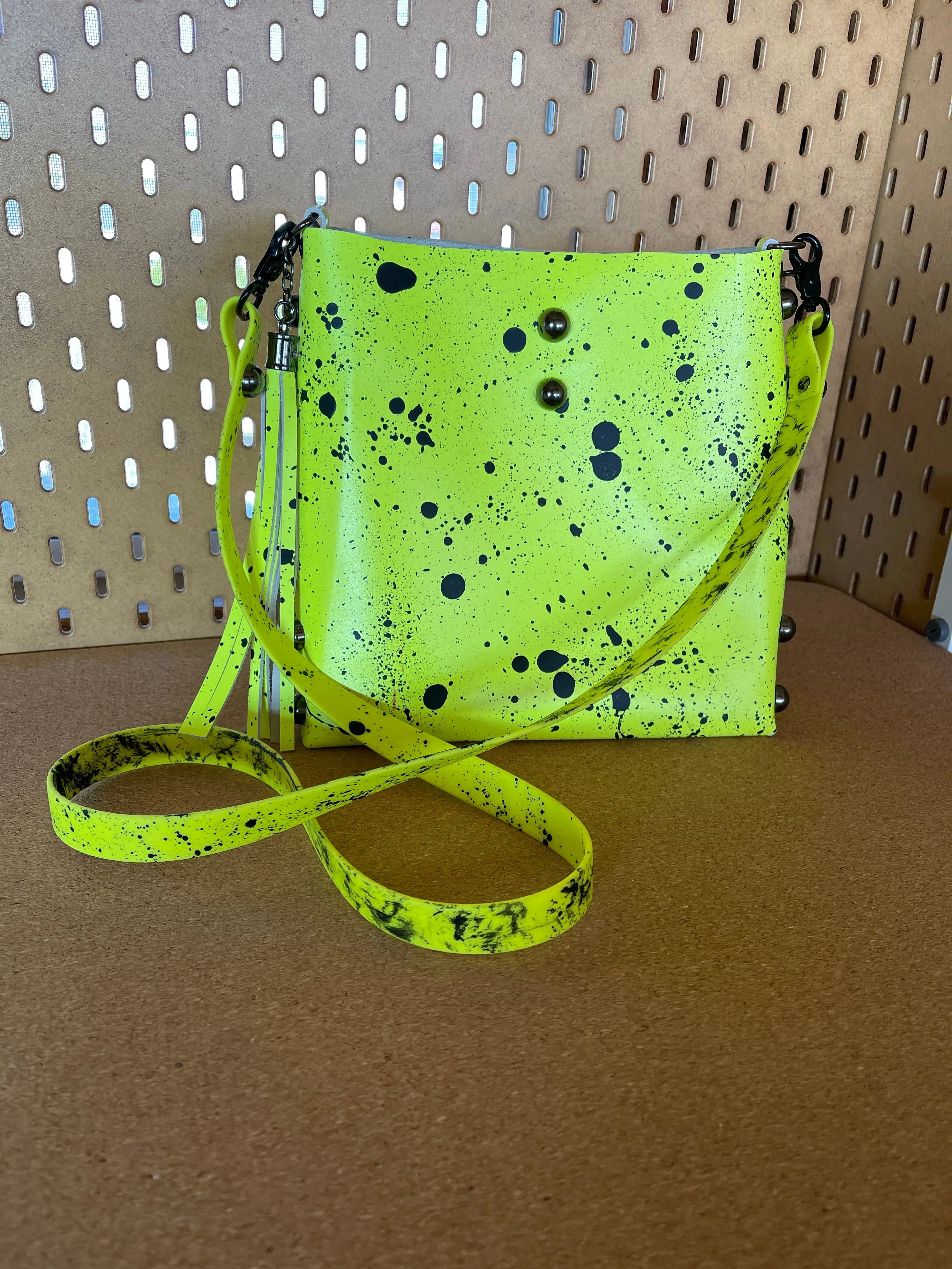 Neon Yellow and Black Matte Splatter and Bubble Stud Leather Crossbody Bag