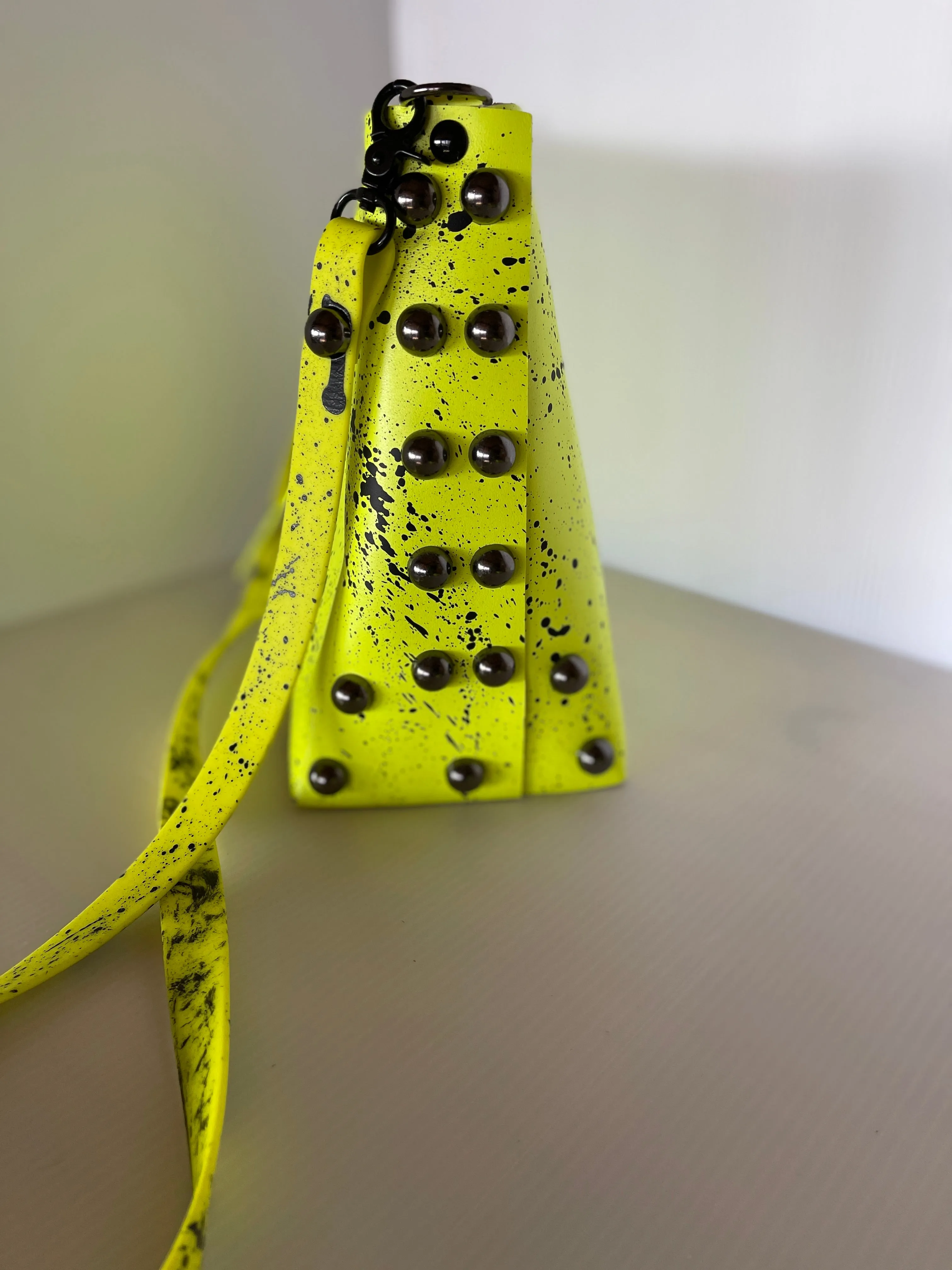 Neon Yellow and Black Matte Splatter and Bubble Stud Leather Crossbody Bag