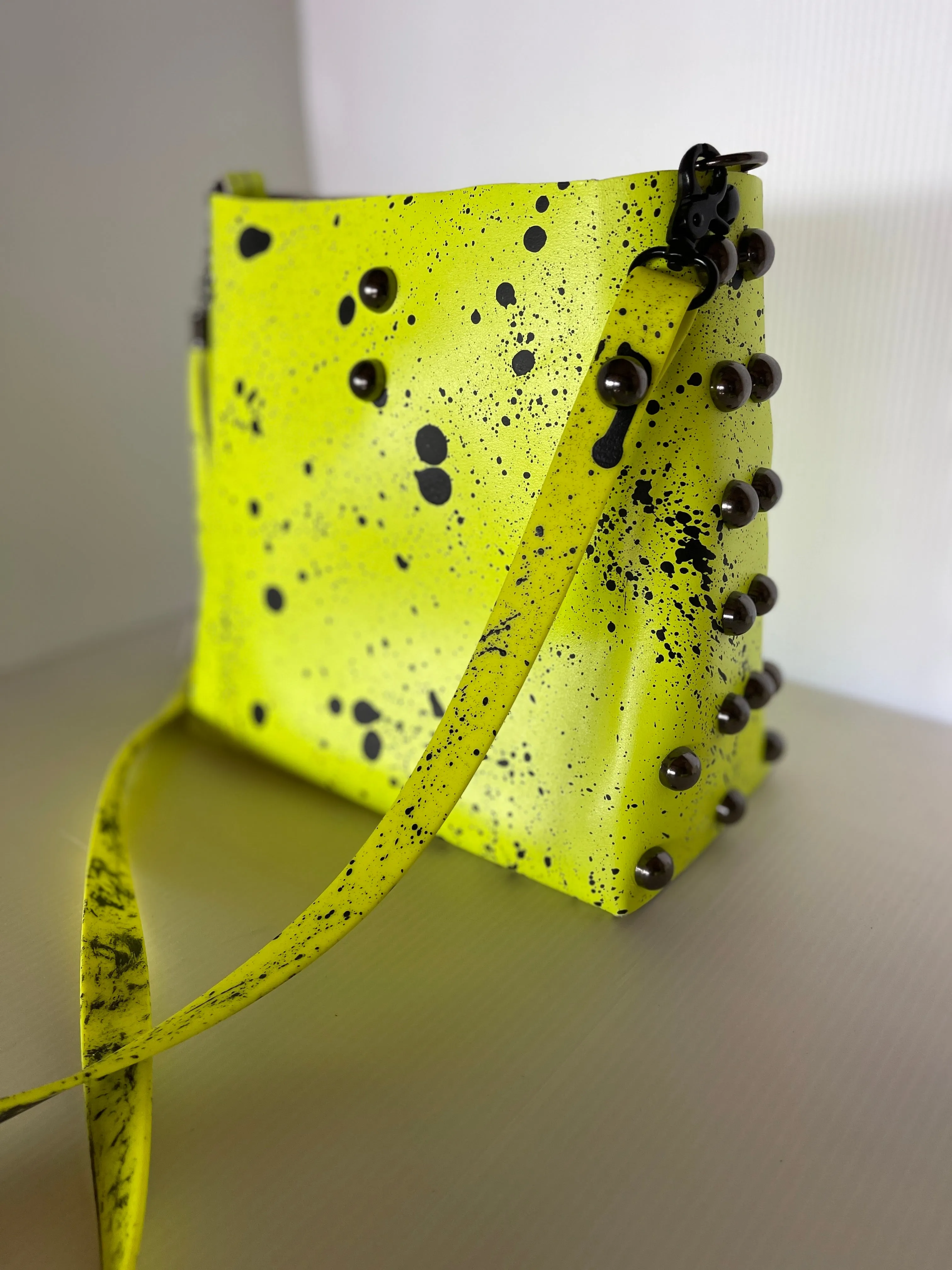 Neon Yellow and Black Matte Splatter and Bubble Stud Leather Crossbody Bag