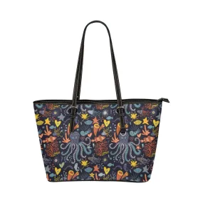 Octopus Tote Bag Purse, Sea Ocean Marine Fish Print Handbag Women High Grade Leather Zip Top Small Large Designer Handmade Shoulder