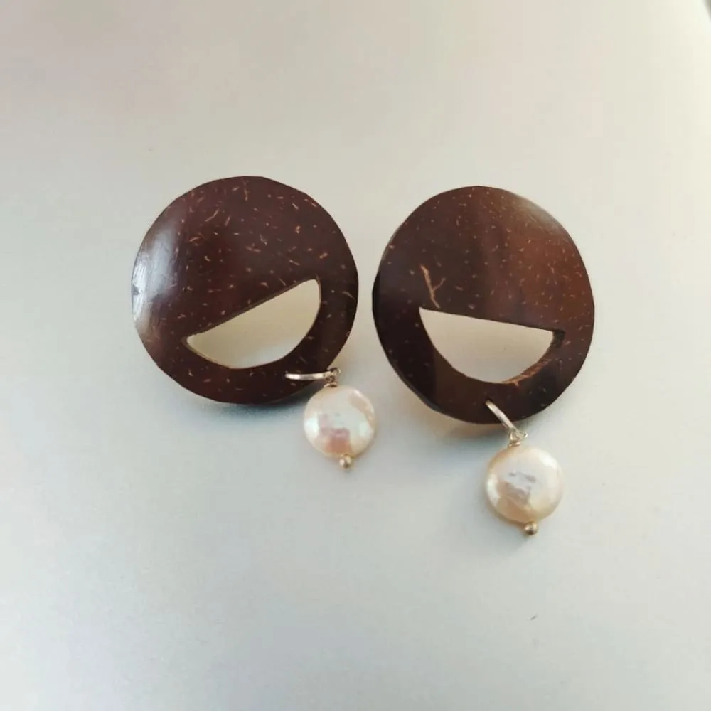 ONEarth Pearl & Round Coconut Shell Earrings  (Golden Hook)