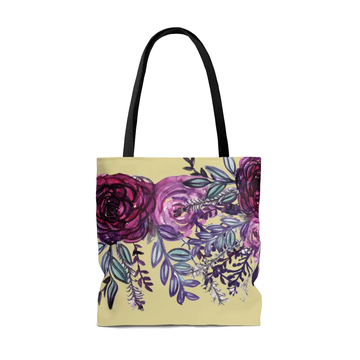 Pastel Yellow Rose Tote Bag, Flower Floral Print Designer Women's Square Bag - Made in USA