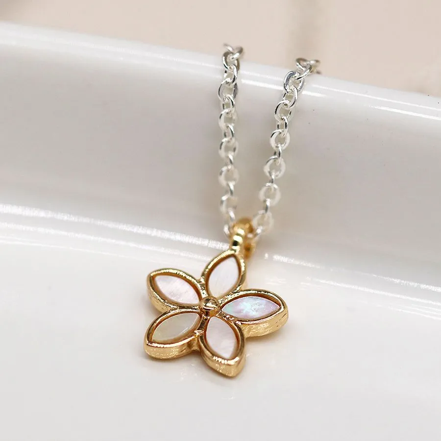 POM Golden shell inset flower pendant on silver plated chain