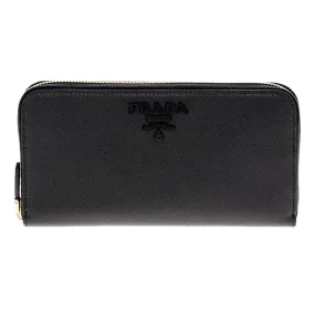 Prada Black Logo Saffiano Leather Zip Around Wallet 1ML506