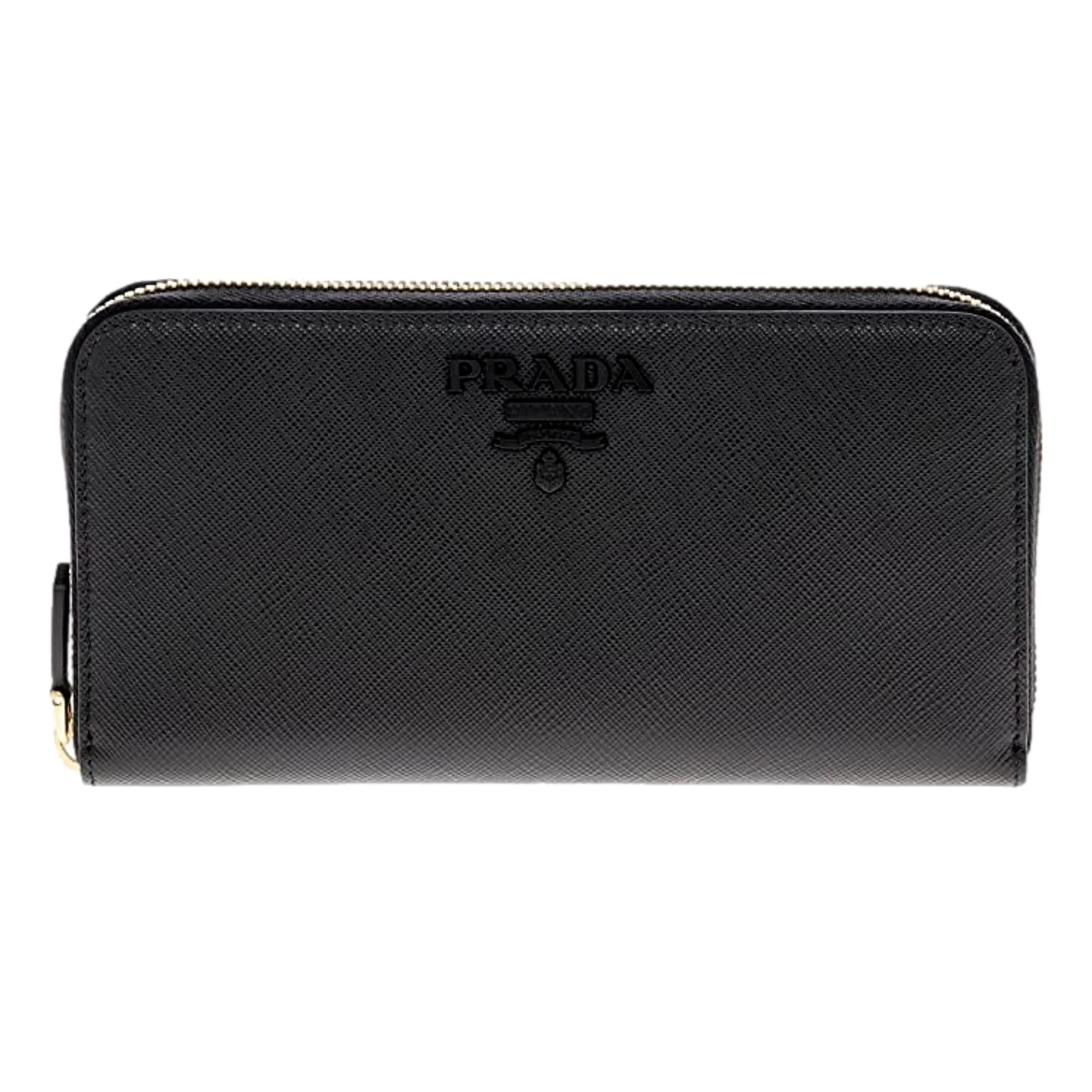 Prada Black Logo Saffiano Leather Zip Around Wallet 1ML506