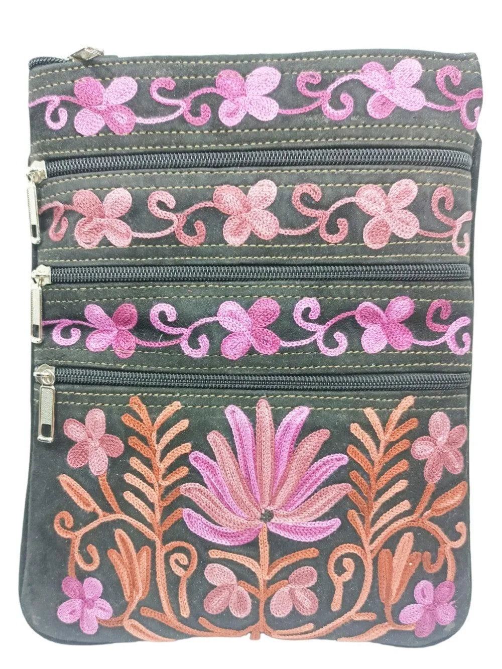 Suede Leather Sling Bag | Embroidery 5 Zipper | Sling Bag For Girls