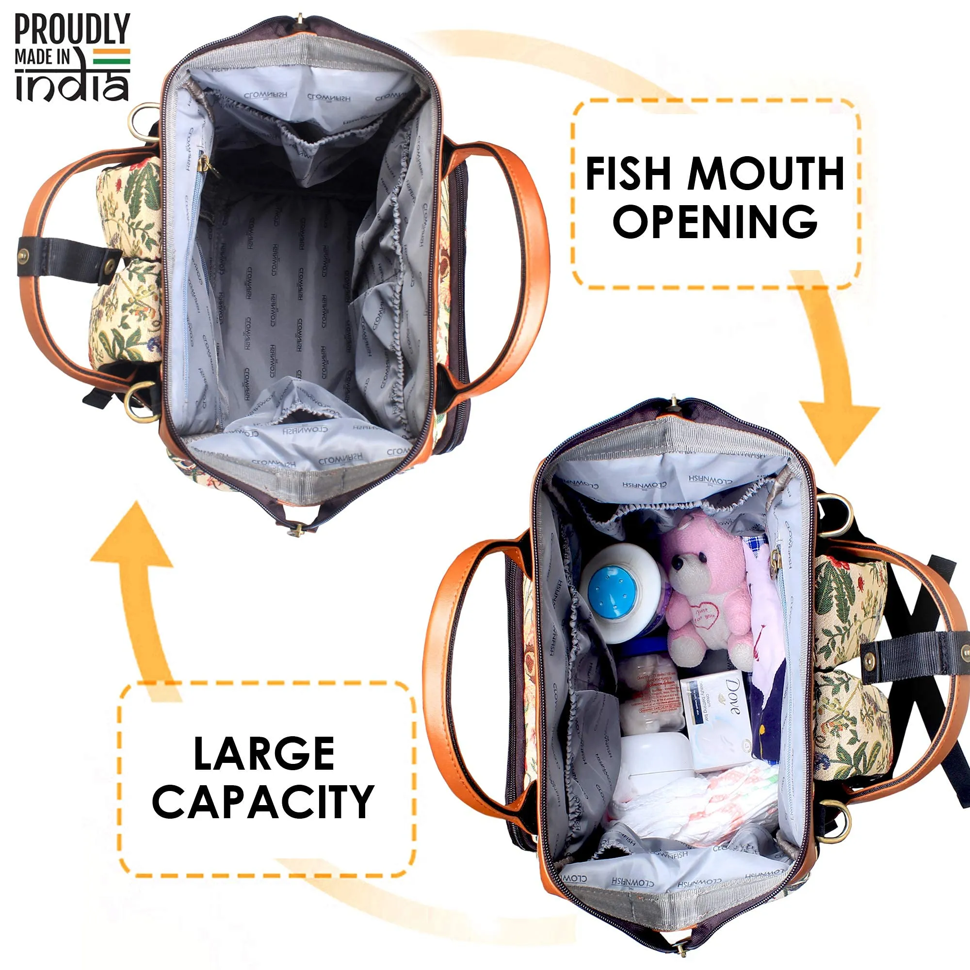 THE CLOWNFISH Orchard Multipurpose Diaper Bag/Backpack/Nappy Bag cum Handbag with Bottle Organizer & Tissues dispensing pocket in Tapestry Fabric for Mothers (Cream)