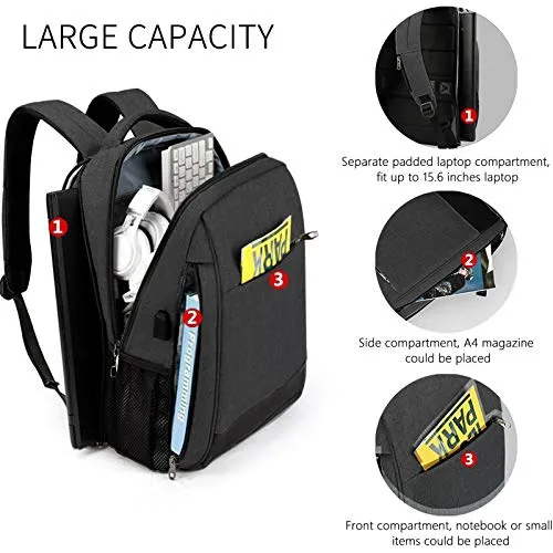 Tigernu Water Resistant Unisex Silm Anti theft USB Charging 15.6 inch Laptop Backpacks Travel Bag School Bag (Black Grey)