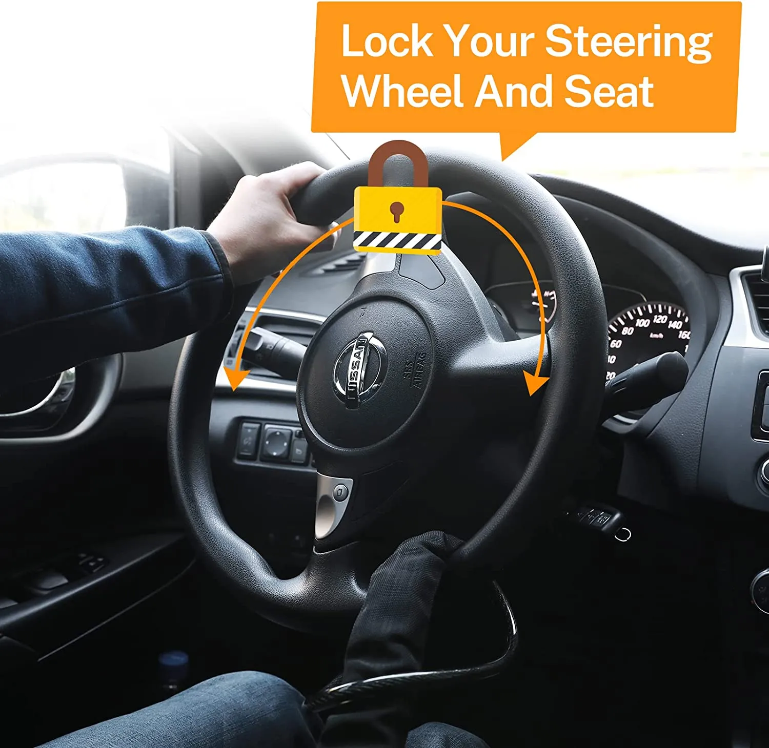 Universal Anti-Theft Steering Wheel Steel Wire Lock-Black