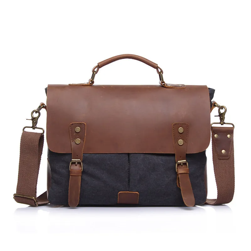 Vintage Leather Canvas Crossbody Business Briefcase