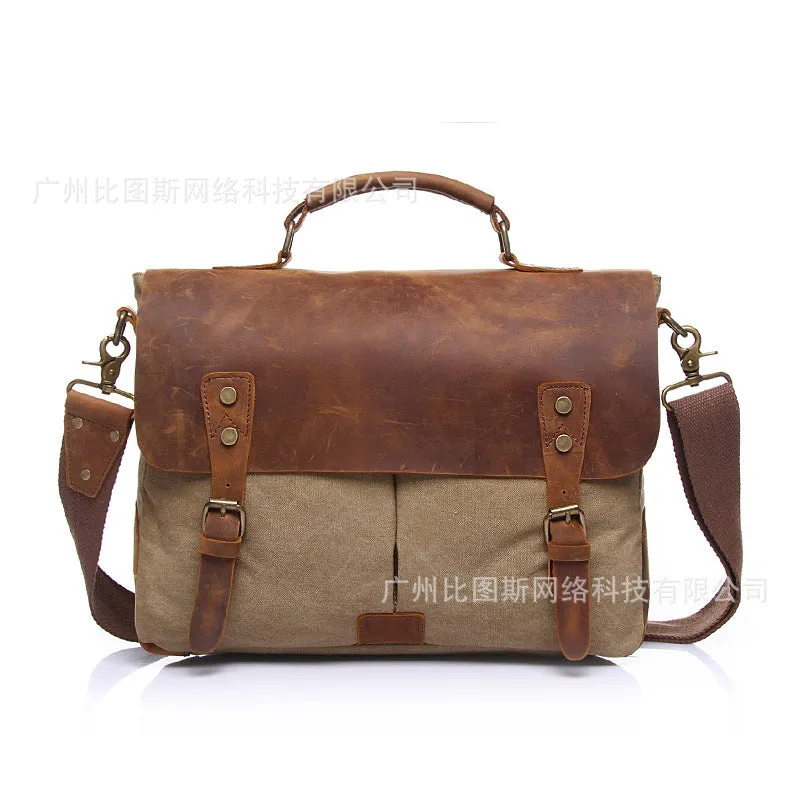 Vintage Leather Canvas Crossbody Business Briefcase