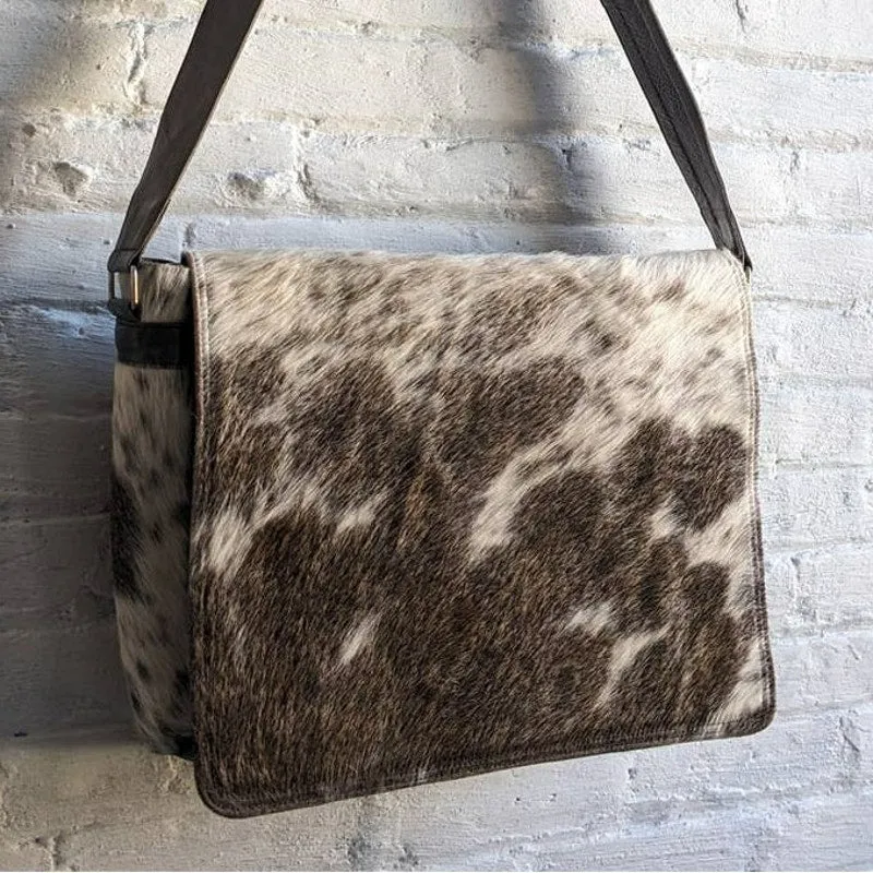 Vintage Leather Cowhide Messenger Bag Fur Boho Chic Satchel Laptop Crossbody