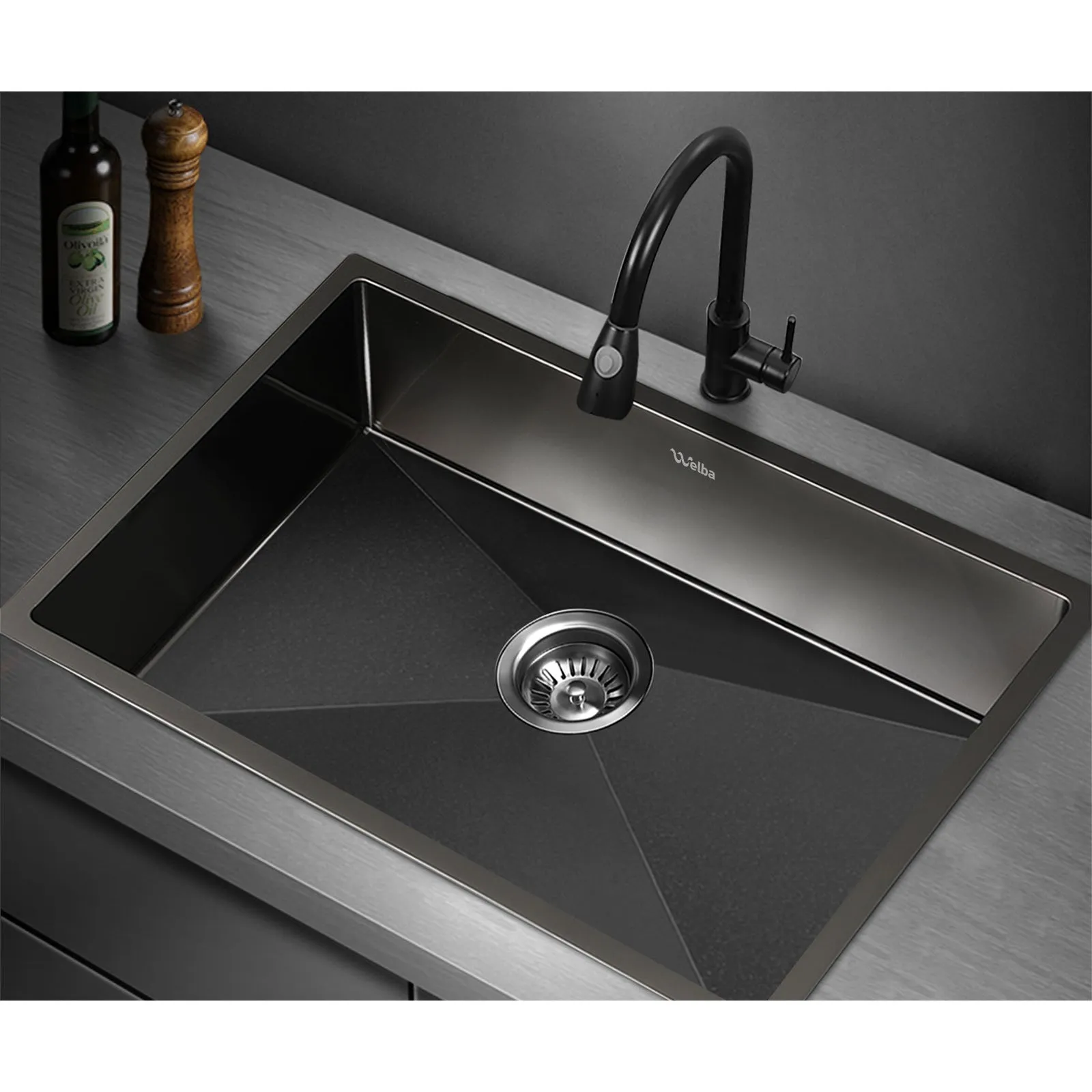 Welba Kitchen Sink Stainless Steel Bathroom Laundry Basin Single Black 70X45CM