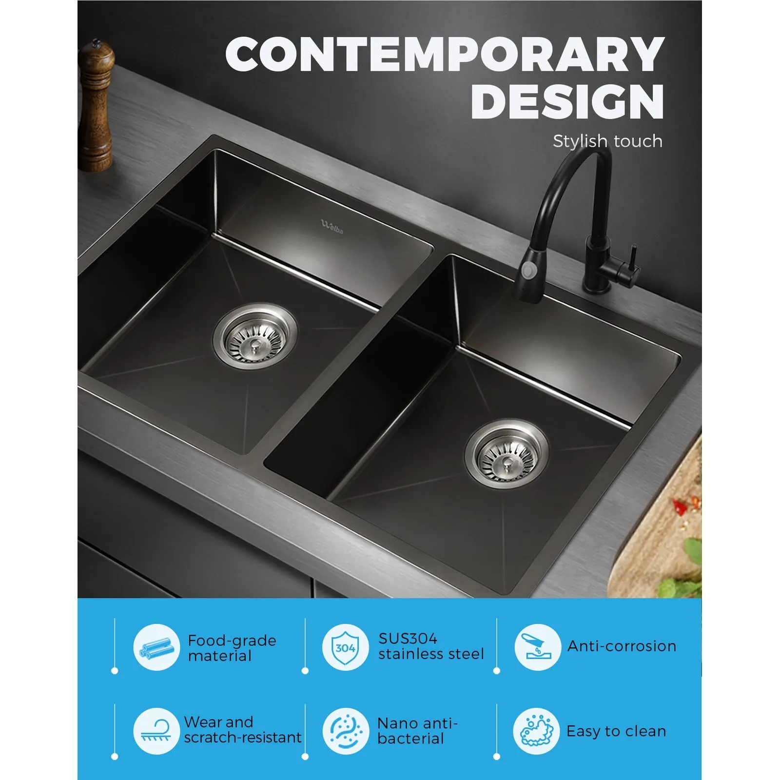 Welba Stainless Steel Kitchen Sink Laundry Bathroom Under/Top Mount Double Bowls