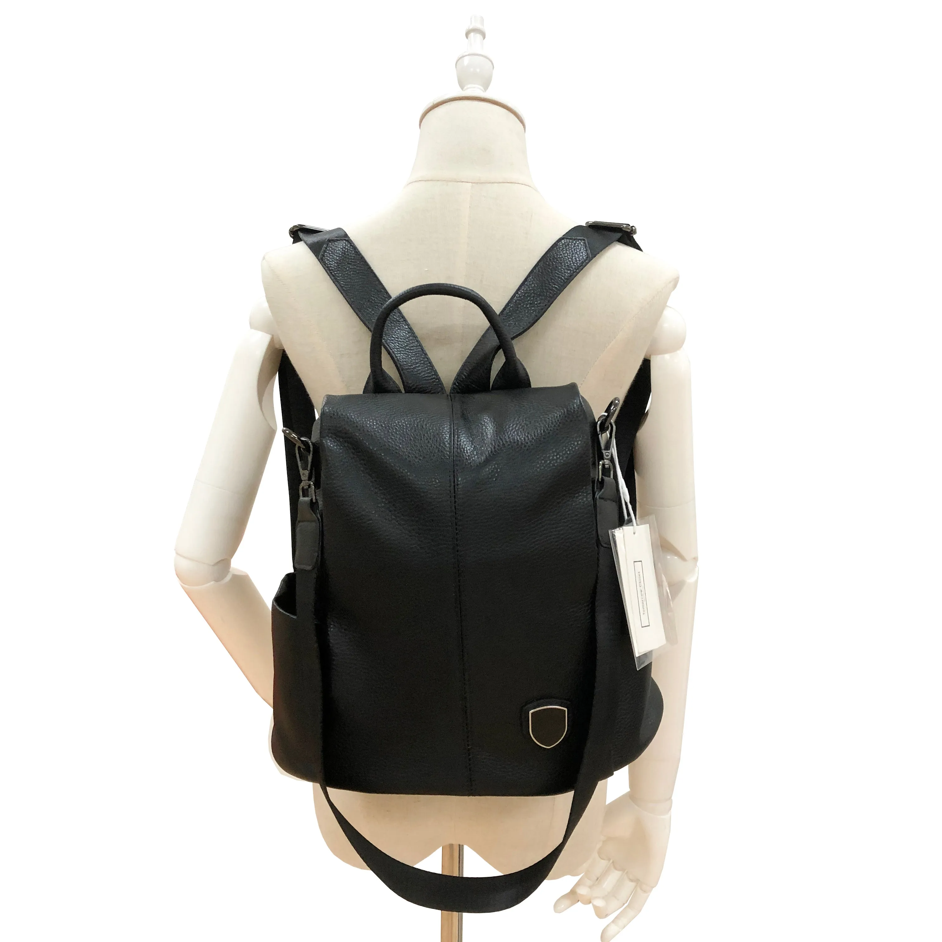 Women's cowhide leather Flap design anti theft backpack