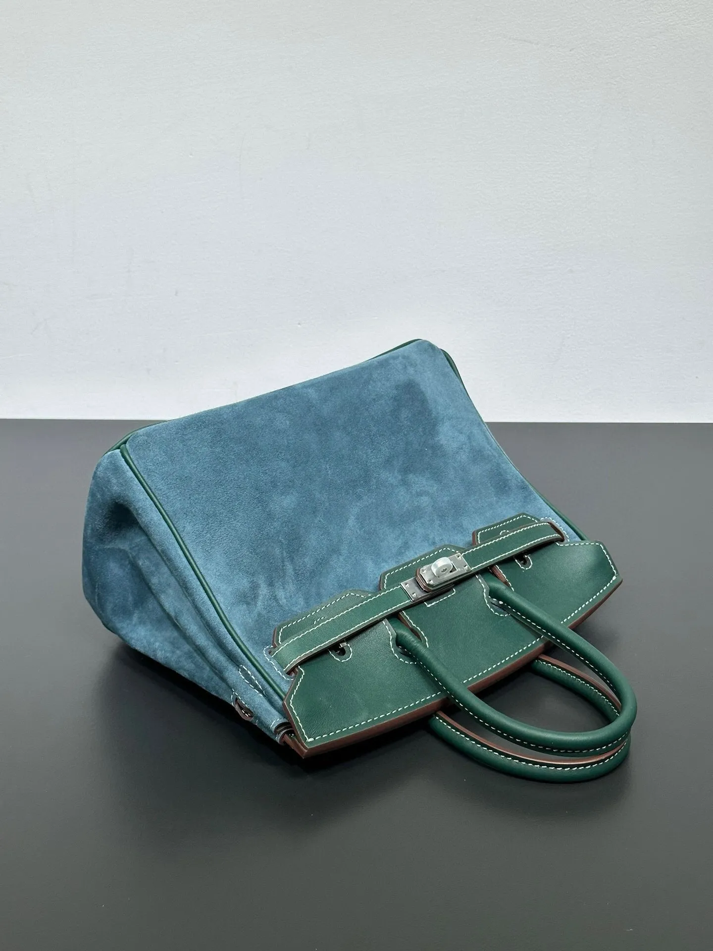 Womens Suede Leather Padlock  Top Handle Bag  Dark Green