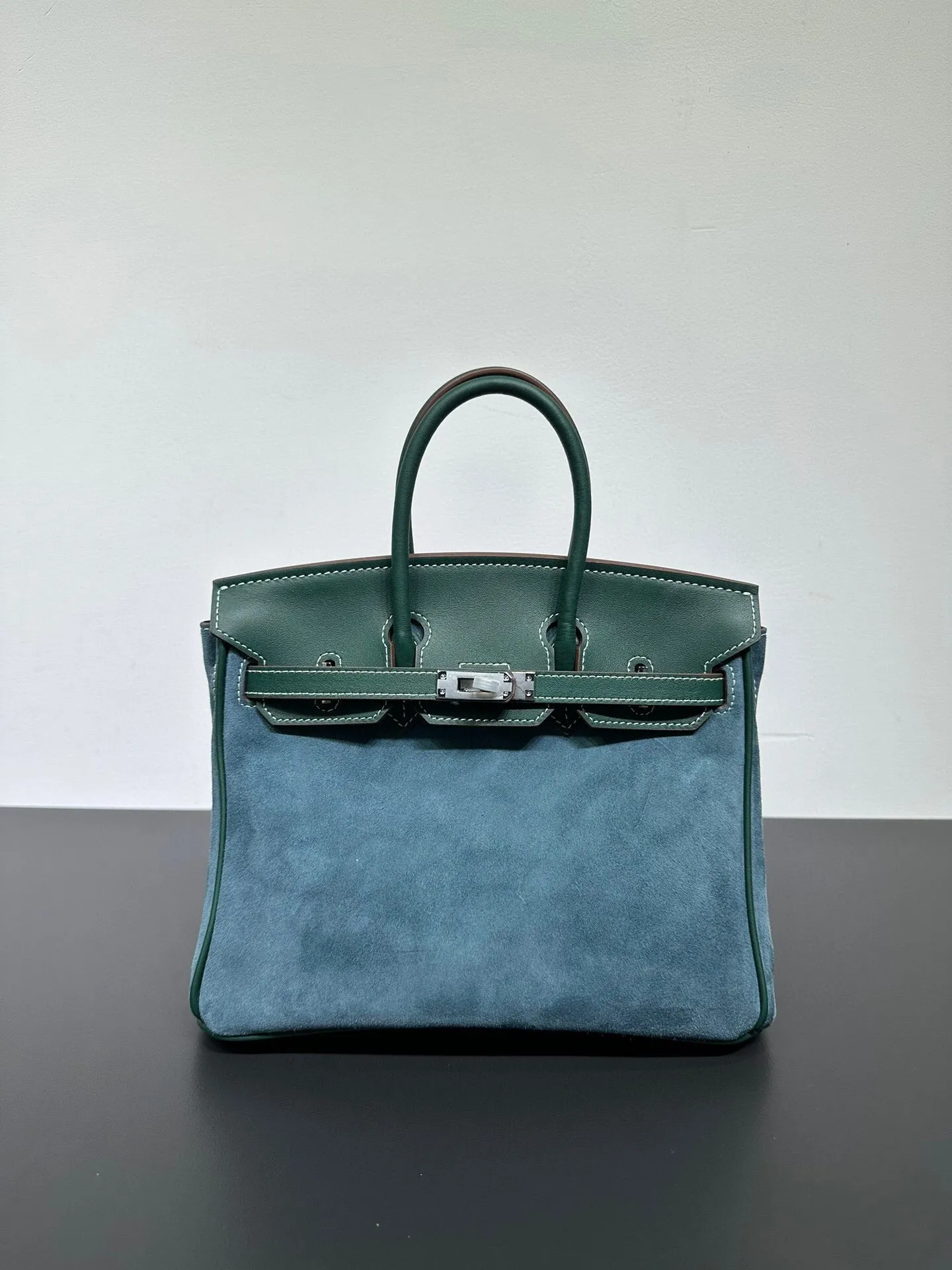 Womens Suede Leather Padlock  Top Handle Bag  Dark Green