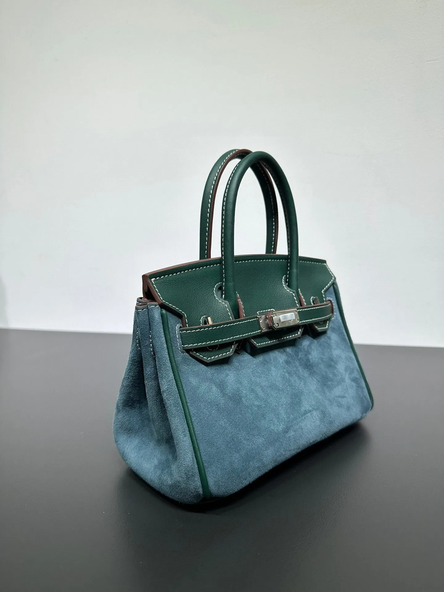 Womens Suede Leather Padlock  Top Handle Bag  Dark Green