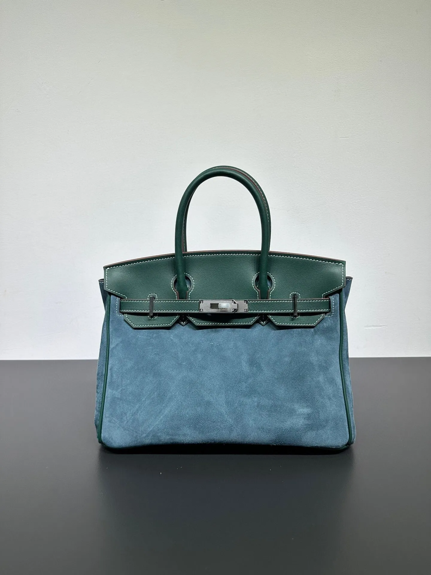 Womens Suede Leather Padlock  Top Handle Bag  Dark Green