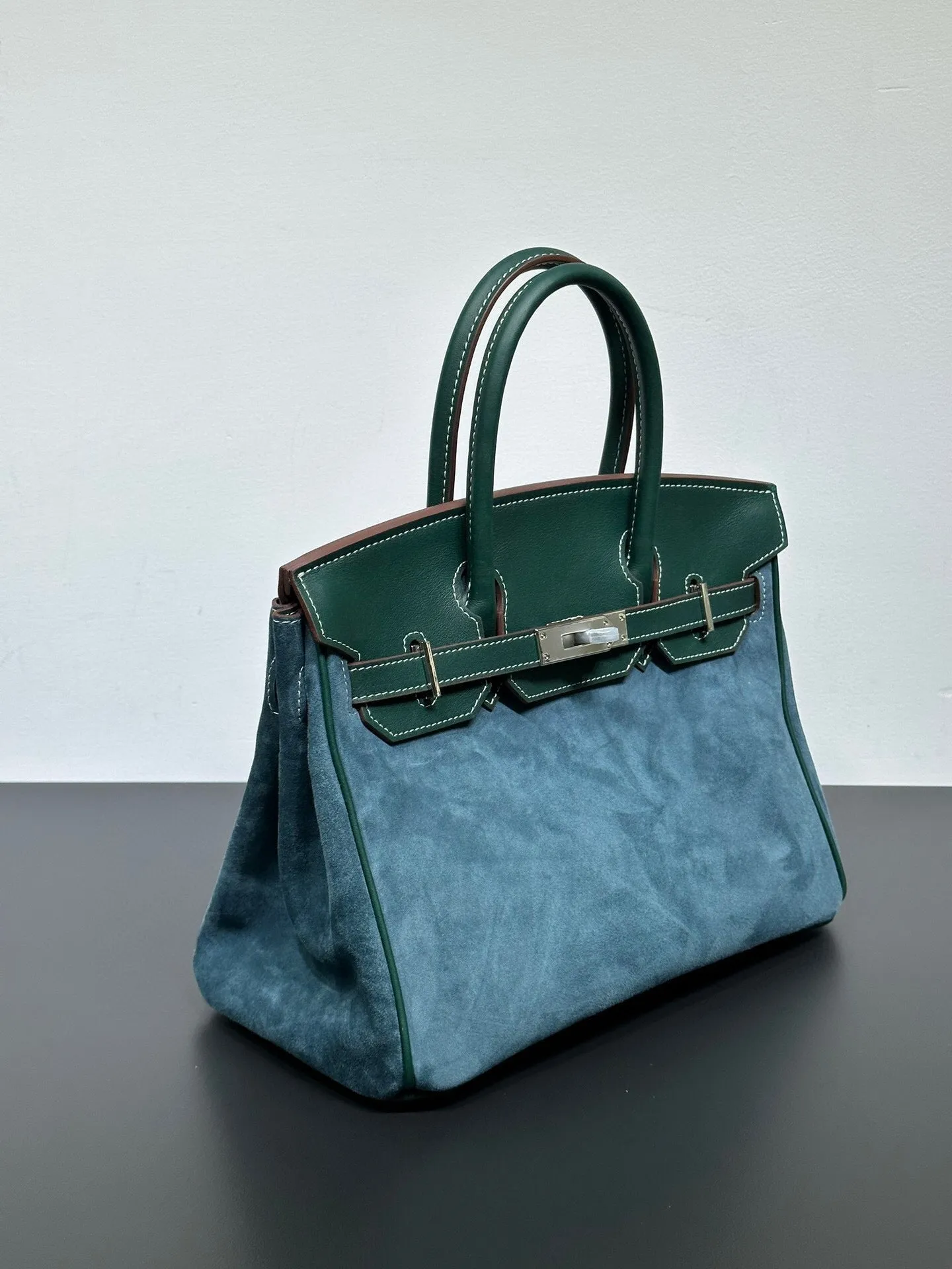 Womens Suede Leather Padlock  Top Handle Bag  Dark Green